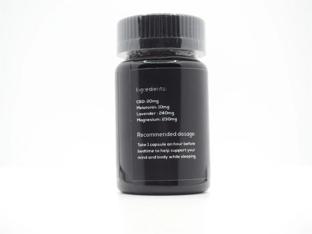 Back of INfinite Rx brand UnSomnia model specialty supplement container with a secure closure cap