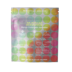 Back view of the detailed nutritional informational panel and custom layout on a MOONS brand packaging pouch