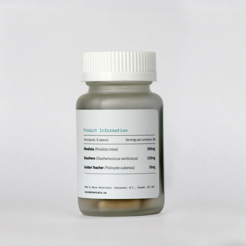 Side view of Neuro Botanicals brand Adapt model premium specialty supplement container